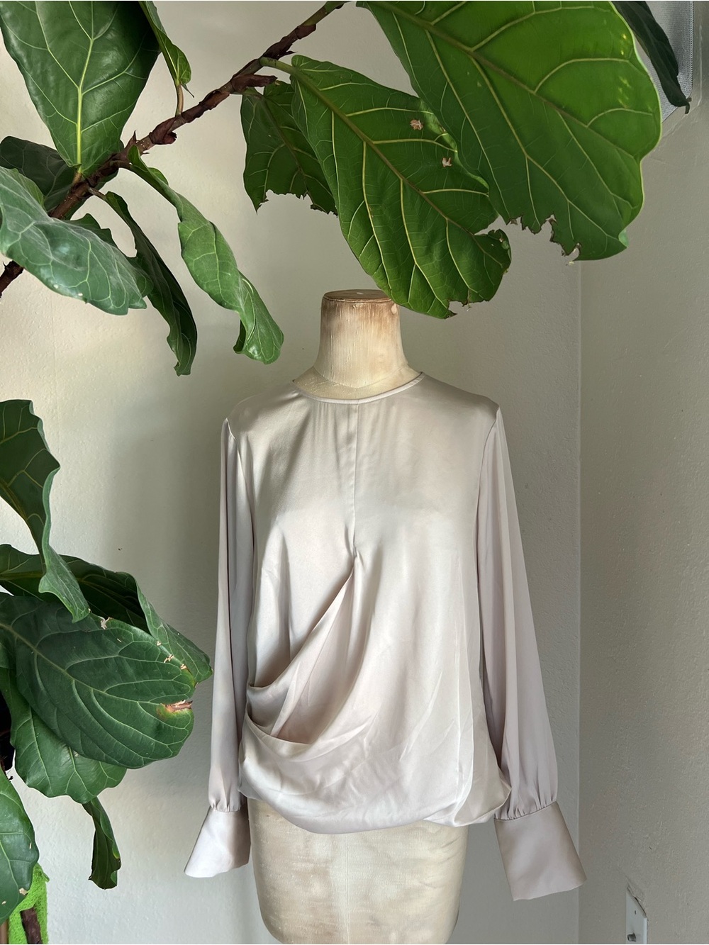Express Cream Satin-Look Long Sleeve Blouse